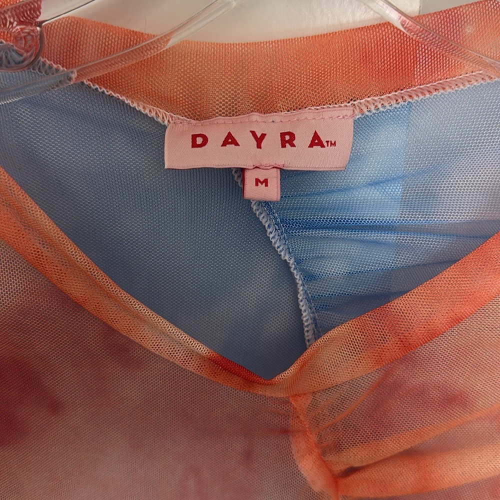 Dayra Y2K Sheer Asymmetrical Ruching Mesh Orange & Blue Long Sleeve Top Size M - Picture 2 of 4